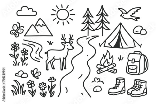 Nature Retreat Icons. Hand-drawn doodle illustration nature retreat forest path, deer, wildflowers, river, pine trees, tent,