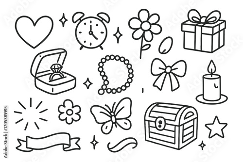 Precious Moment Icons. Hand-drawn doodle illustration precious moments heart, clock, sparkling stars, flower, gift box, jewelry