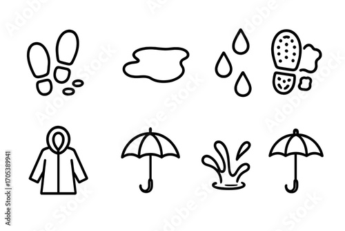 Rainy Day Icons. Outline icon set of wet footprints: wet footprints, water puddle, rain drops, muddy footprints, shoe print,