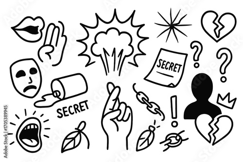Secrets and Charms Doodles. Hand-drawn doodle illustration explosive secrets explosion icon, whispering lips, broken mask, spilled