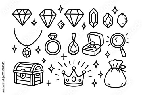 Jewelry Doodle Icons. Hand-drawn doodle illustration gemstone ruby, sapphire, emerald, diamond, amethyst, necklace, ring, pendant,
