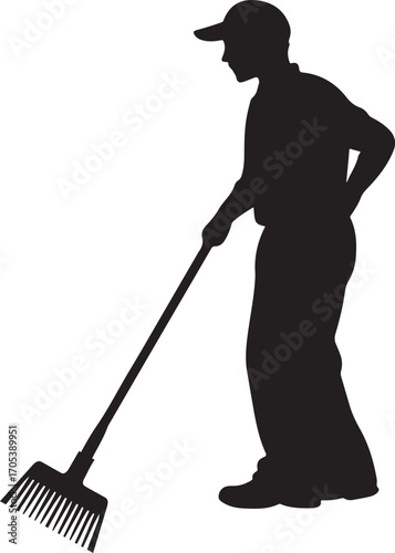 Sweeper Cleaning with Broom Silhouette on Transparent Background