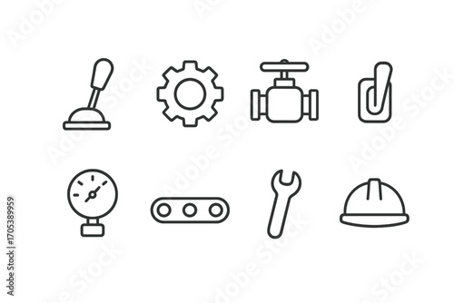 Machinery Control Icons. Outline icon set of control in machinery: lever, gear, valve, switch, pressure gauge, conveyor belt,