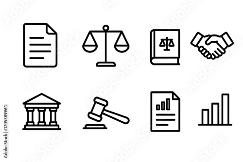 Policy Analysis Icons. Outline icon set of policy analysis: document, scales of justice, law book, handshake, courthouse, gavel,