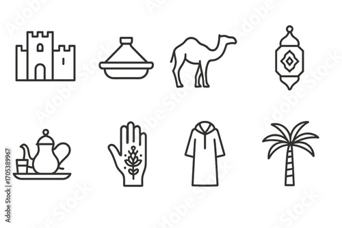 Moroccan Culture Icons. Outline icon set of Moroccan culture: Kasbah fortress, Tagine pot, Camel, Moroccan lamp, Traditional tea