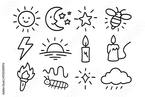 Nature's Light Icons. Hand-drawn doodle illustration light in nature sun, moon, star, firefly, lightning, dawn, sunset, candle