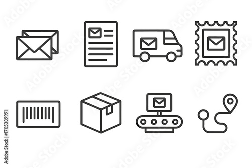 Bulk Mail Icon Set. Outline icon set of bulk mail: stack of envelopes, mailing list, mail truck, postage stamp, barcode label,