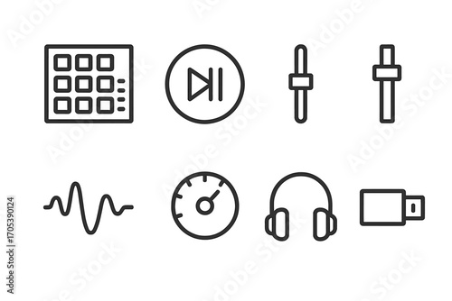Beat Production Icons. Outline icon set of beat production: drum pad, play/pause button, record light, volume slider, waveform,