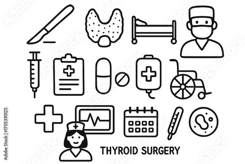 Thyroid Surgery Doodle Icons. Hand-drawn doodle illustration thyroid surgery scalpel, thyroid gland, hospital bed, doctor, syringe