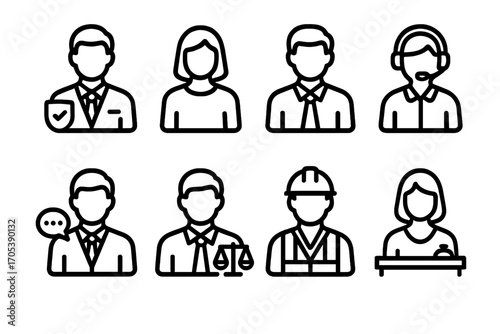 Insurance Icon Set. Outline icon set of insurance agency team: agent, customer, manager, call center, consultant, lawyer, adjuster