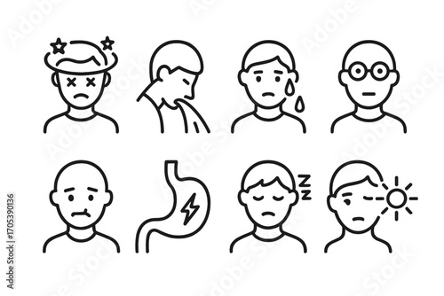 Hangover Symptoms Icons. Outline icon set of hangover symptoms: dizziness, vomiting, sweating, blurred vision, dry mouth, stomach