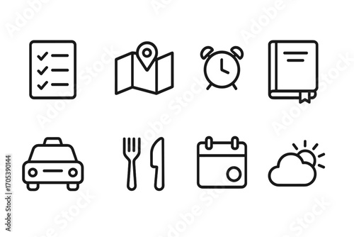 Date Planning Icons. Outline icon set of date planning: checklist, map, alarm clock, reservation book, taxi, restaurant, calendar
