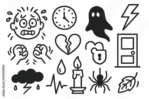 Anxiety Doodle Montage. Hand-drawn doodle illustration nervousness sweating face, clenched fists, wide eyes, racing clock,