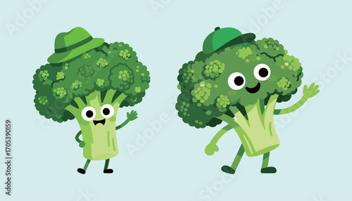 Two cute broccoli characters with happy faces and green hats. Funny smiling vegetable mascots. Healthy food concept.
