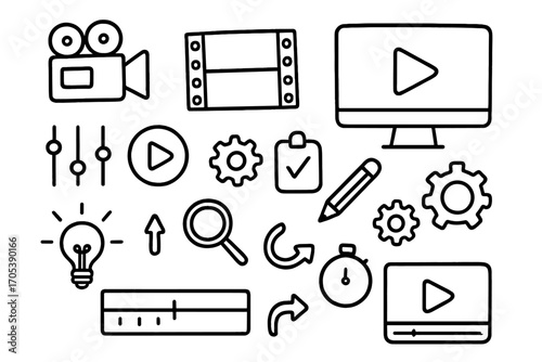 Video Creation Icons. Hand-drawn doodle illustration video preset camera, film strip, computer screen, sliders, play button,