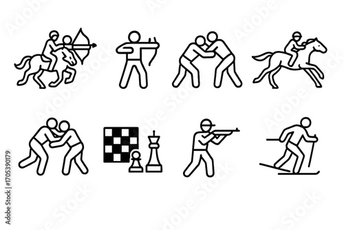 Cultural Iconography Sets. Outline icon set of Kyrgyz sports and games: kok-boru horseback game, archery, wrestling, horse racing,
