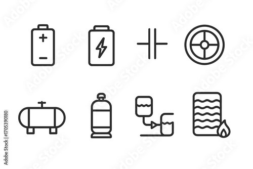 Energy Storage Icons. Outline icon set of energy storage: battery, power bank, capacitor, flywheel, hydrogen tank, compressed air