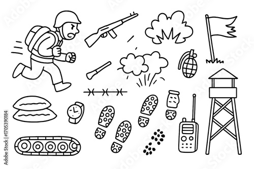 Soldiers' Retreat Doodle. Hand-drawn doodle illustration Enemy soldiers retreating soldier running, rifle, helmet, backpack,