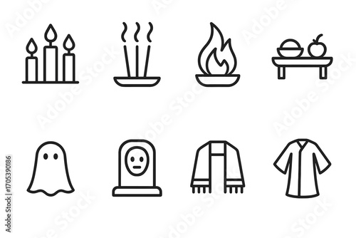 Spirit Icon Set. Outline icon set of honoring spirits: candlelight vigil, incense smoke, sacred fire, altar offerings, spirit