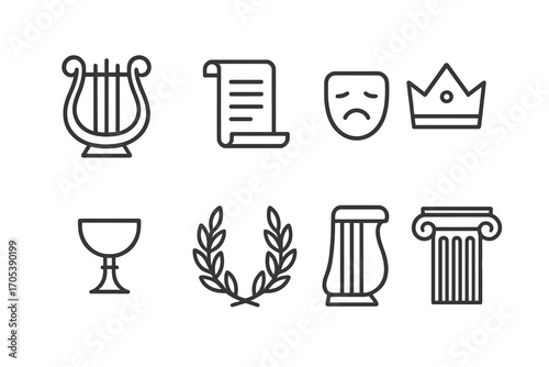 Empire Culture Icons. Outline icon set of empire culture: lyre, scroll, theatre mask, crown, chalice, laurel wreath, harp, column.