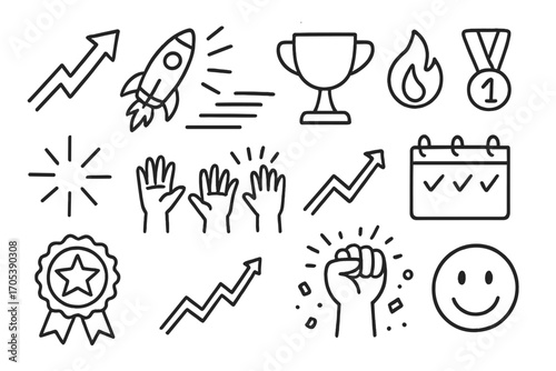 Victory Symbols. Hand-drawn doodle illustration winning momentum arrow, rocket launch, speed lines, flame icon, trophy, medal,