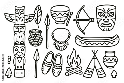 Indigenous Culture Icons. Hand-drawn doodle illustration Indigenous culture symbols totem pole, feather, drum, bow and arrow, mask