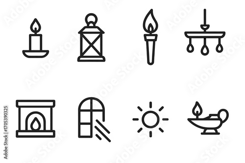 Tavern Lighting Icons. Outline icon set of tavern lighting: candle, lantern, torch, chandelier, oil lamp, fireplace, window light,
