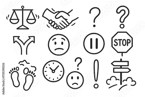 Mental Dilemma Icons. Hand-drawn doodle illustration wavering thoughts scales, shaking hand, question mark, forked path, hesitant