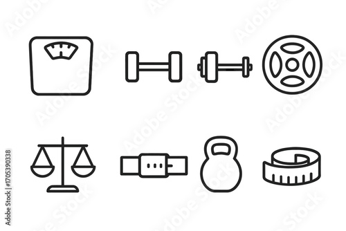 Weight Measurement Icons. Outline icon set of weight measurement: scale, dumbbell, barbell, weight plate, balance scale,