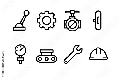 Machinery Control Icons. Outline icon set of control in machinery: lever, gear, valve, switch, pressure gauge, conveyor belt,