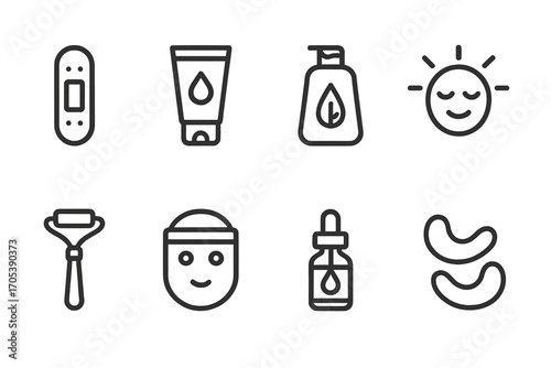 Skin Repair Icon Set. Outline icon set of skin barrier repair tools: bandage, healing ointment, soothing gel, cooling mask,
