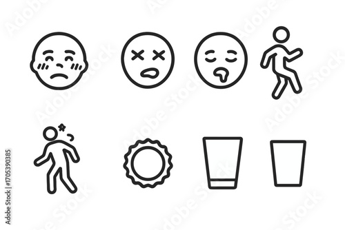 Intoxication Signs Icons. Outline icon set of intoxication signs: flushed cheeks, crossed eyes, slurred speech, drooling mouth,