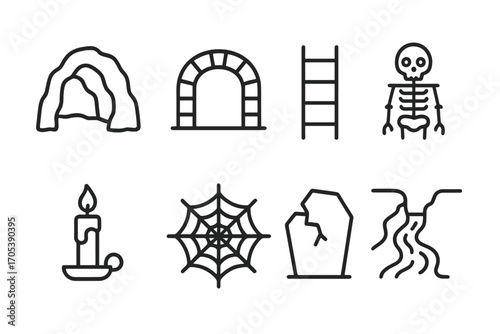 Underground Icon Set. Outline icon set of underground structures: cave entrance, stone archway, ladder, skeleton, candle, cobweb,