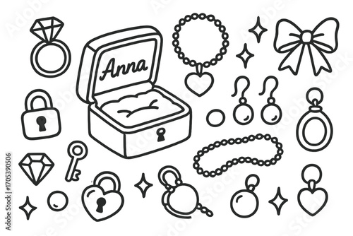 Jewelry Box Sketches. Hand-drawn doodle illustration personalized jewelry box engraved box, ring, necklace, bracelet, earrings,