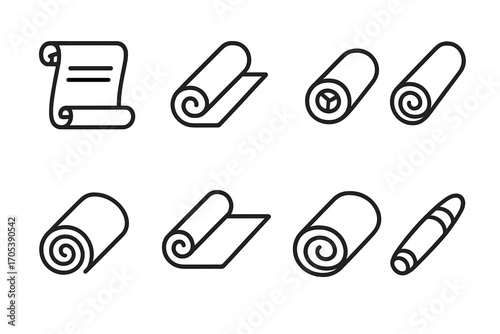 Rolled Items Icon Set. Outline icon set of rolled items: scroll, rolled-up paper, sushi roll, rolled carpet, rolled bandage,