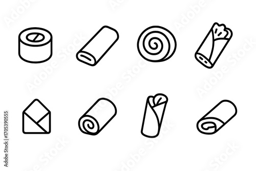 Rolled Food Icons. Outline icon set of rolled food: sushi roll, spring roll, cinnamon roll, burrito, egg roll, rolled pancake,