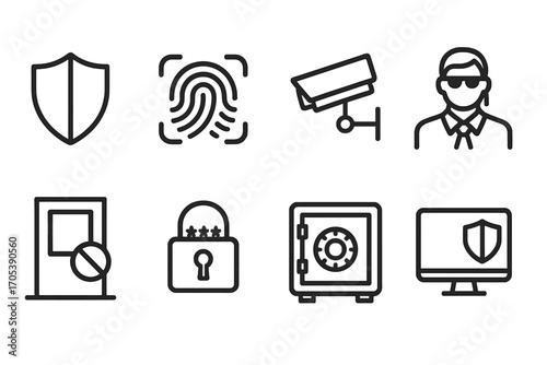 VIP Security Icons. Outline icon set of VIP security and privacy: shield, fingerprint scanner, security camera, bodyguard, private