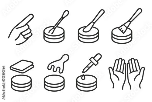 Balm Applicator Icons. Outline icon set of balm tin application tools: finger swipe, cotton swab, small spatula, brush applicator,