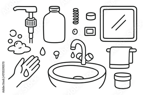 Soap Dispenser Components. Hand-drawn doodle illustration soap dispenser components pump nozzle, bottle, spring, tube, soap liquid