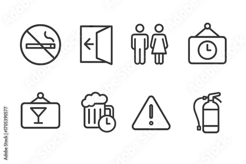 Sports Bar Icon Set. Outline icon set of sports bar signs and symbols: no smoking sign, exit sign, restroom sign, opening hours,