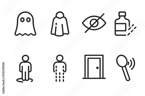 Invisible Icon Set. Outline icon set of invisible: ghost, transparent cloak, hidden eye, invisible ink, shadow figure,