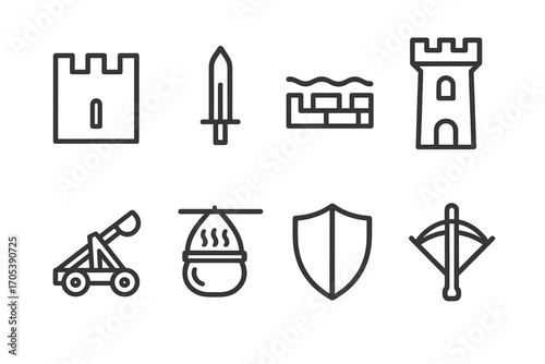 Castle Defense Icons. Outline icon set of castle defenses: battlement, arrow slit, moat, guard tower, catapult, boiling oil pot,