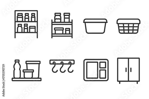 Kitchen and Food Icons. Outline icon set of kitchen storage solutions: pantry shelf, spice rack, food storage bin, basket,