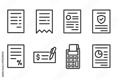 Financial Document Icons. Outline icon set of financial documents: invoice, receipt, bank statement, credit report, tax form,