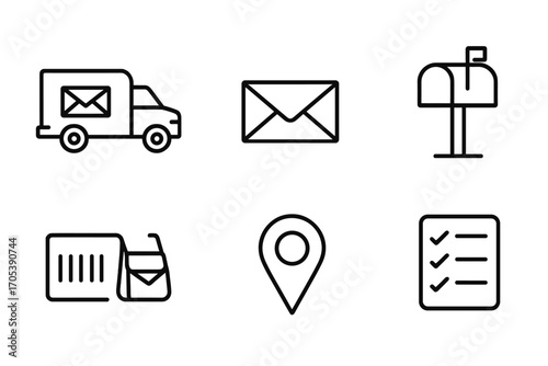 Mail Delivery Icons. Outline icon set of mail truck: delivery van, parcel box, mailbox, mail envelope, courier bag, postal stamp,