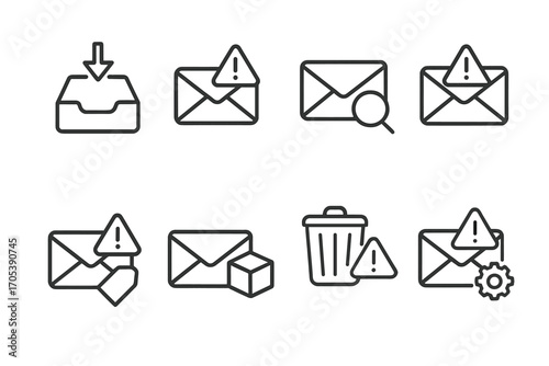 Email and Social Icons. Outline icon set of email alert management: inbox sorting, email search, spam report, email filter, email