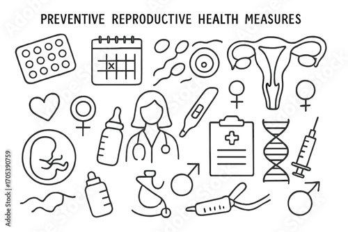 Reproductive Health Icons. Hand-drawn doodle illustration Preventive reproductive health measures contraception pill, calendar,