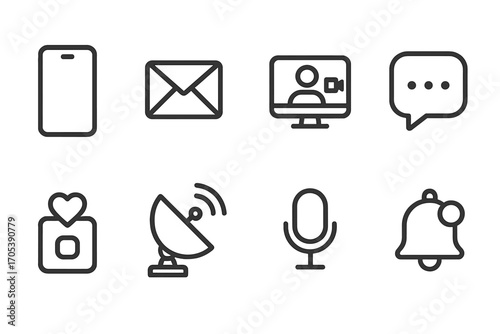 Digital Communication Icons. Outline icon set of digital empire communication tools: smartphone, email, video call, chat bubble,
