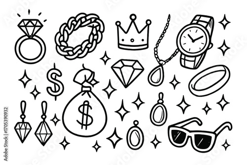 Bling Icons Collection. Hand-drawn doodle illustration bling lifestyle diamond ring, gold chain, watch, sparkling necklace, crown,