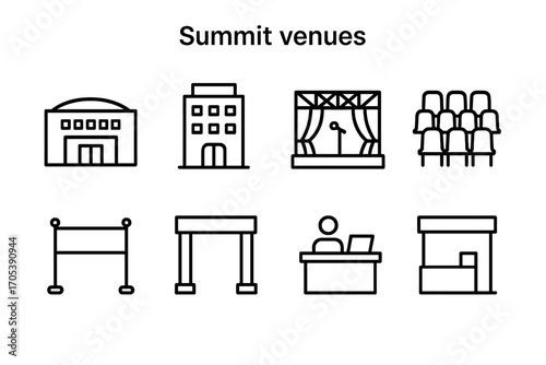 Summit Venue Icons. Outline icon set of summit venues: convention center, hotel, stage, seating area, banner, entrance gate,
